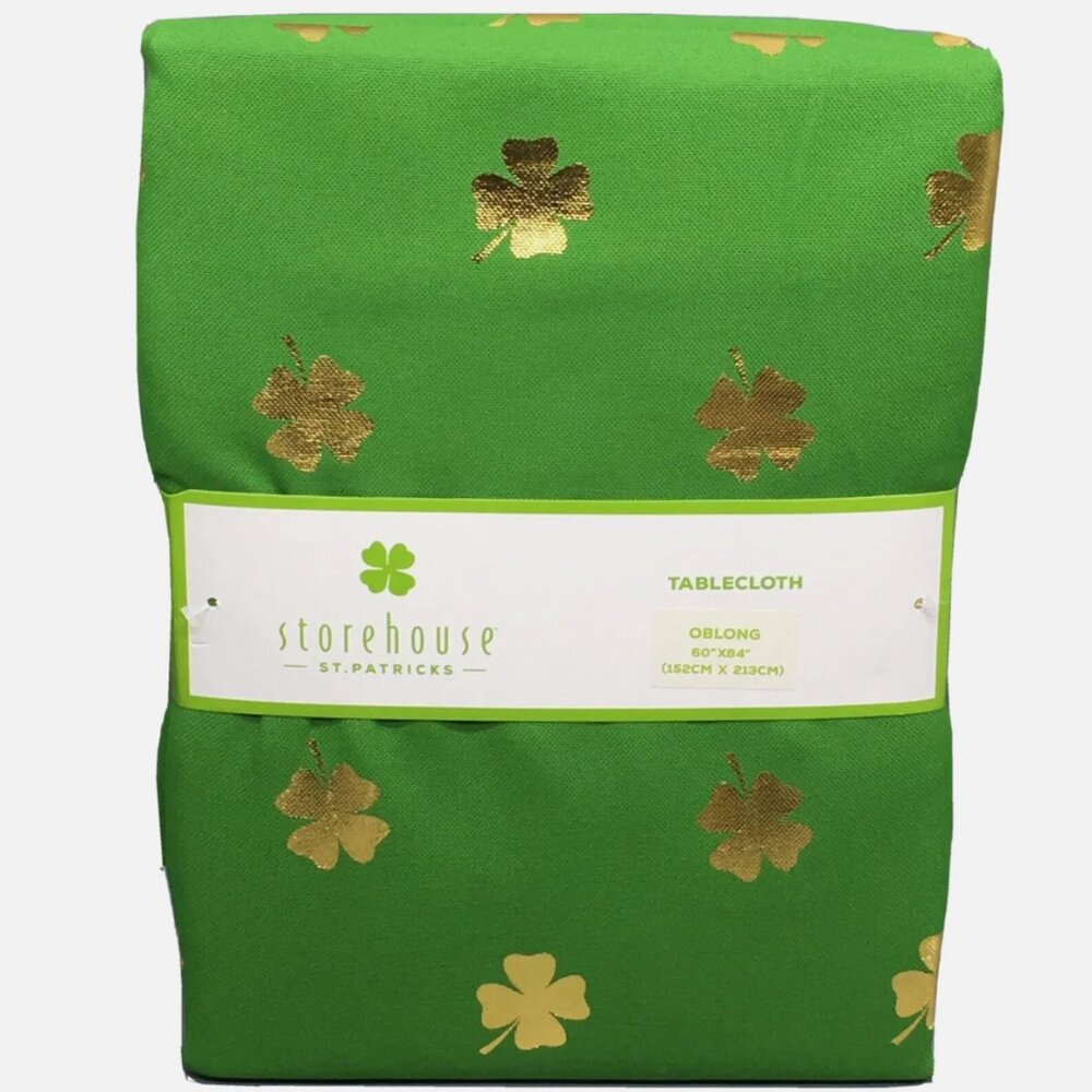 Storehouse St Patricks Day Green Gold Shamrock Tablecloth 60x84 Four Leaf Clover